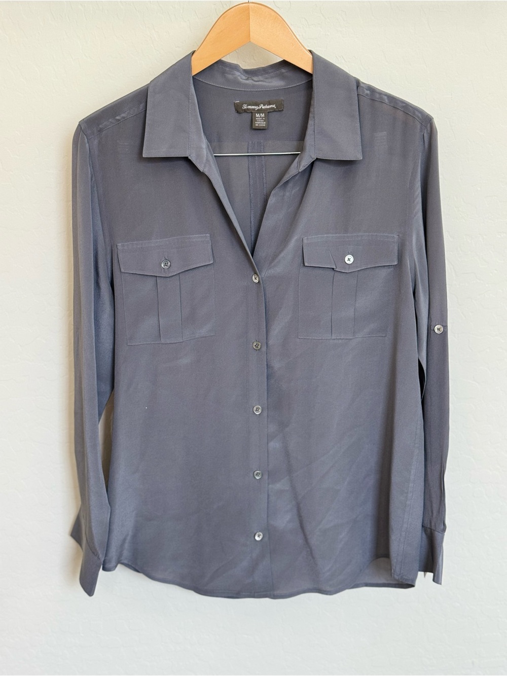 Tommy Bahama 100% Silk Two-Pocket Button Down Shirt Charcoal Gray Medium